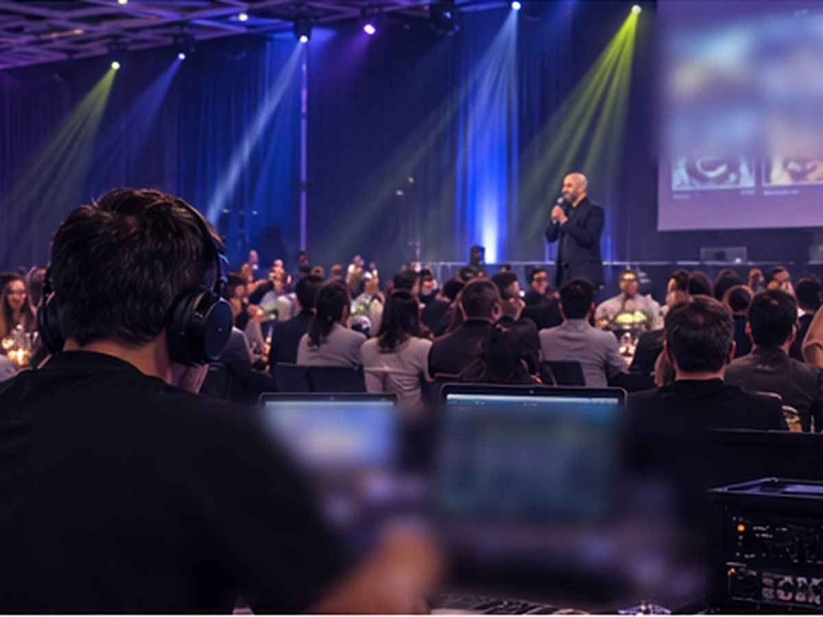 Evento corporativo producido por SYNC, con conductor en escenario y operación técnica
